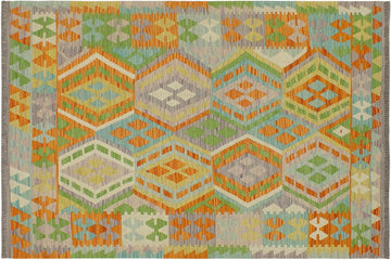 Flat Weave Kilim, Antique, Navaho, Vintage, Handmade, Geometric Kilim Orange Blue Hand-Woven Rectangle 100% Wool Area Rug 4 x 5